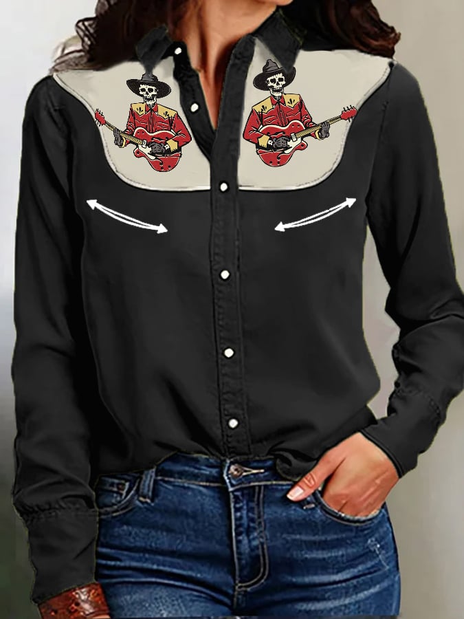 Women's Retro Western Skeleton Cowboy Playing Guitar Print Casual Shirt