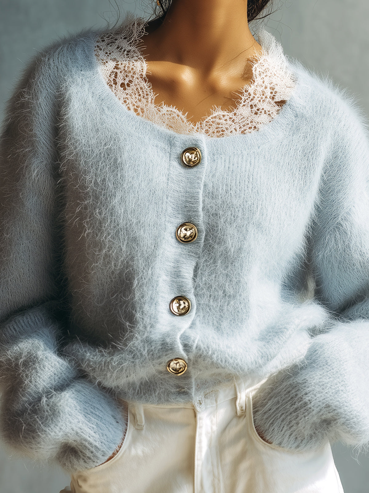 Taidalw Chic Vintage Light Blue Round Neck Contrast Lace Trim Long Sleeve Single-Breasted Loose-Fit Fuzzy Knit Cardigan