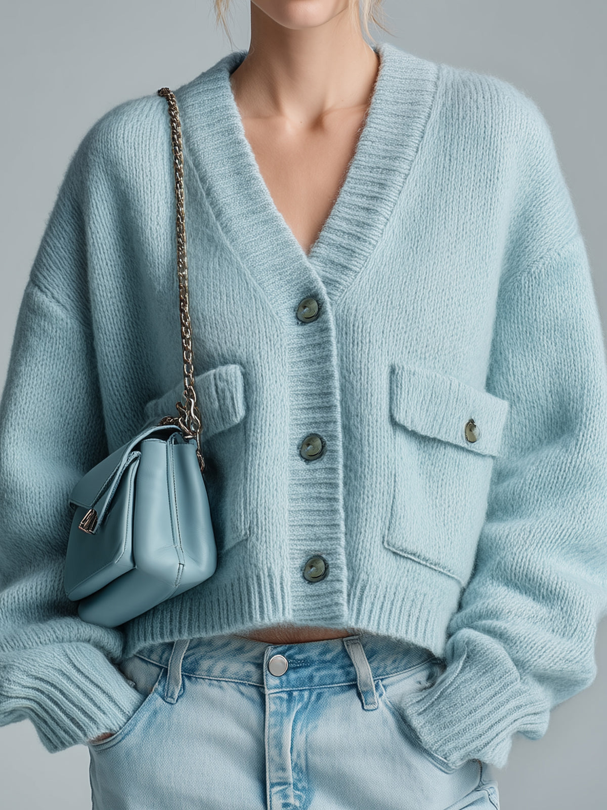 Taidalw Chic Vintage Light Blue V-Neck Single-Breasted Utility Pocket Cropped Knit Cardigan