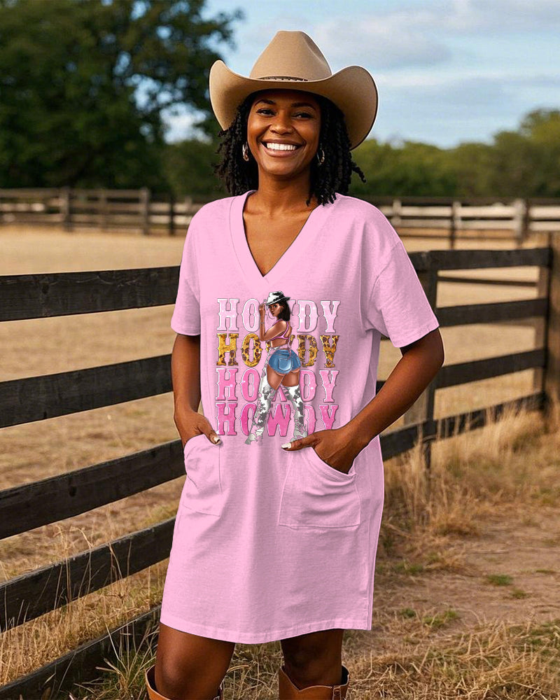 Cowgirl Howdy Casual V-neck Pocket Dress