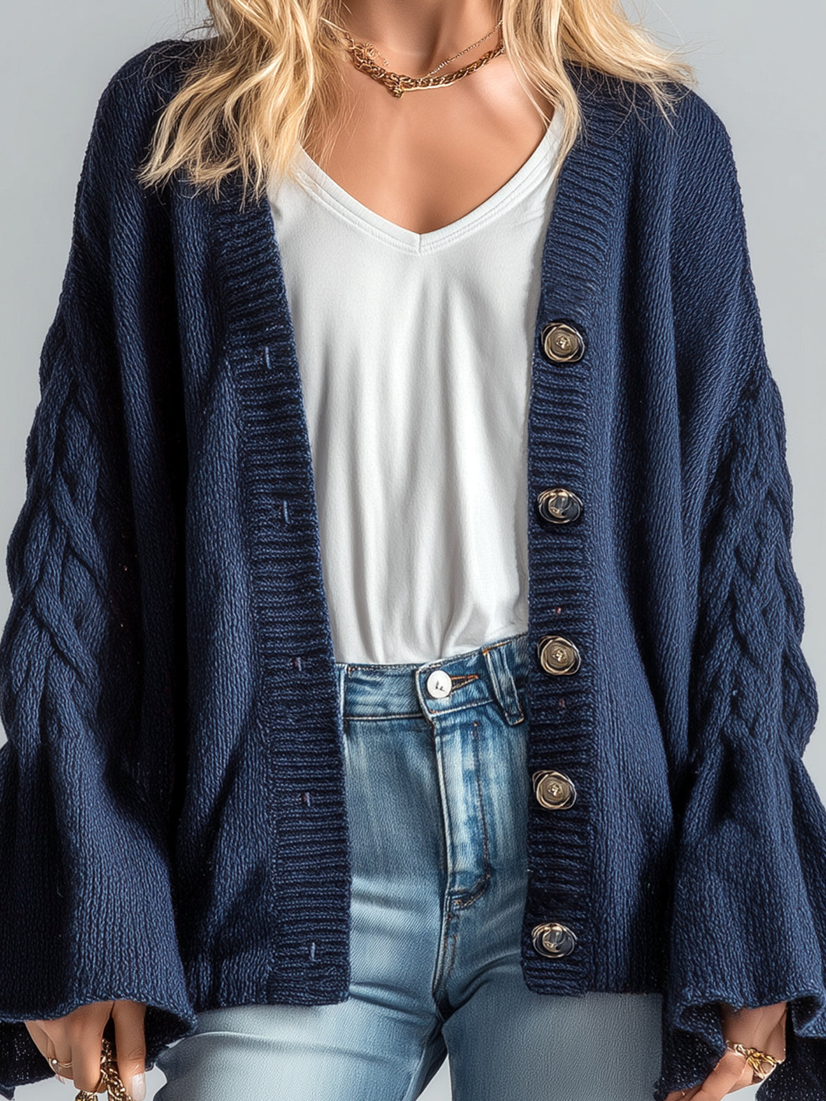 Taidalw Chic Vintage Navy V-Neck Single-Breasted Bell Sleeve Oversized Cable-Knit Cardigan