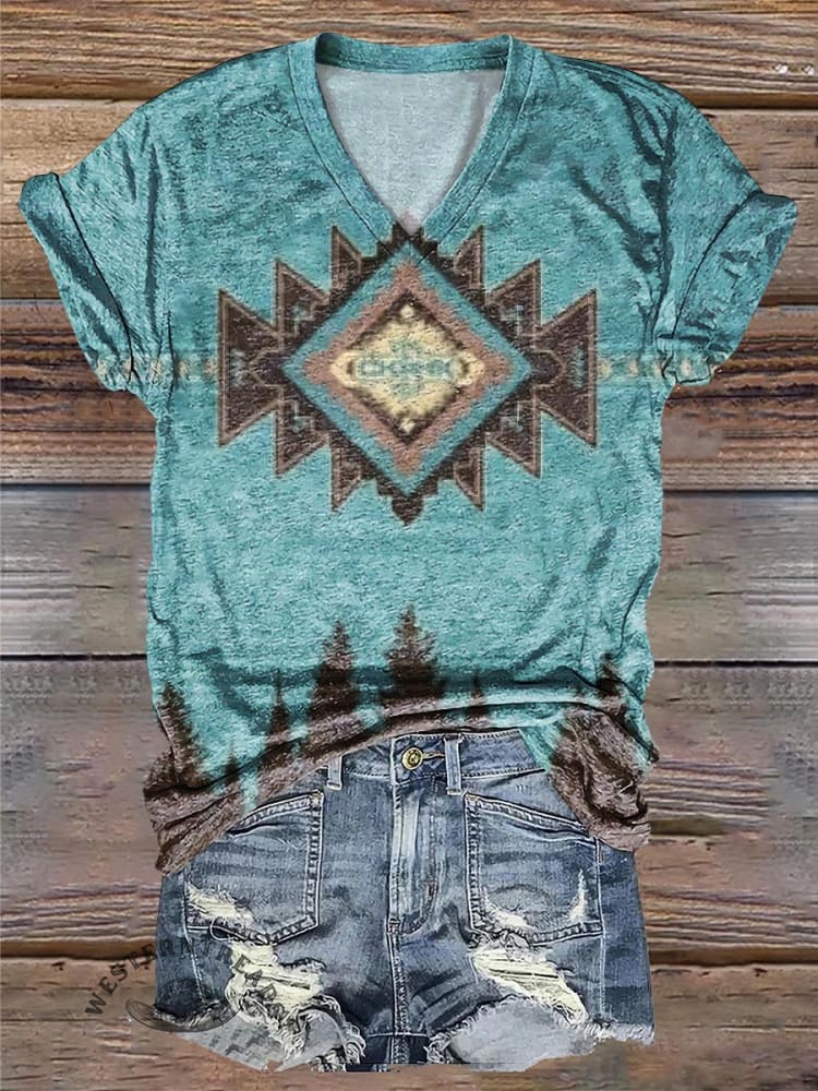 Simple Aztec Pattern Print V Neck T-Shirt