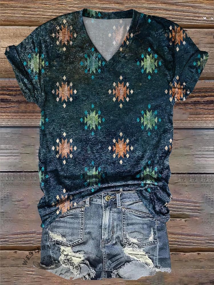 Aztec Polka Dot Print V Neck T-Shirt