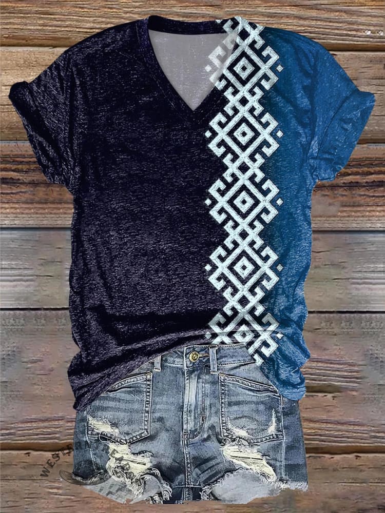 Aboriginal Colorblock Printed V-Neck T-Shirt