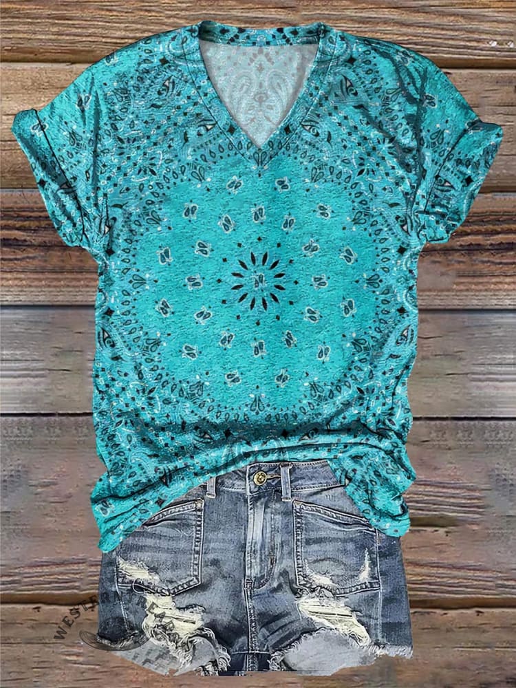 Bohemian Mandela Print V-Neck T-Shirt