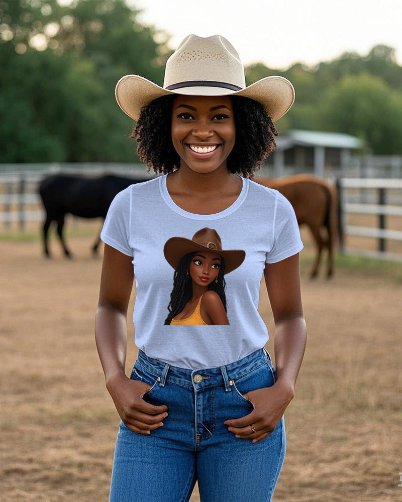 Cartoon Cute Cowgirl Crew Neck Short Sleeve Cotton T-shirt