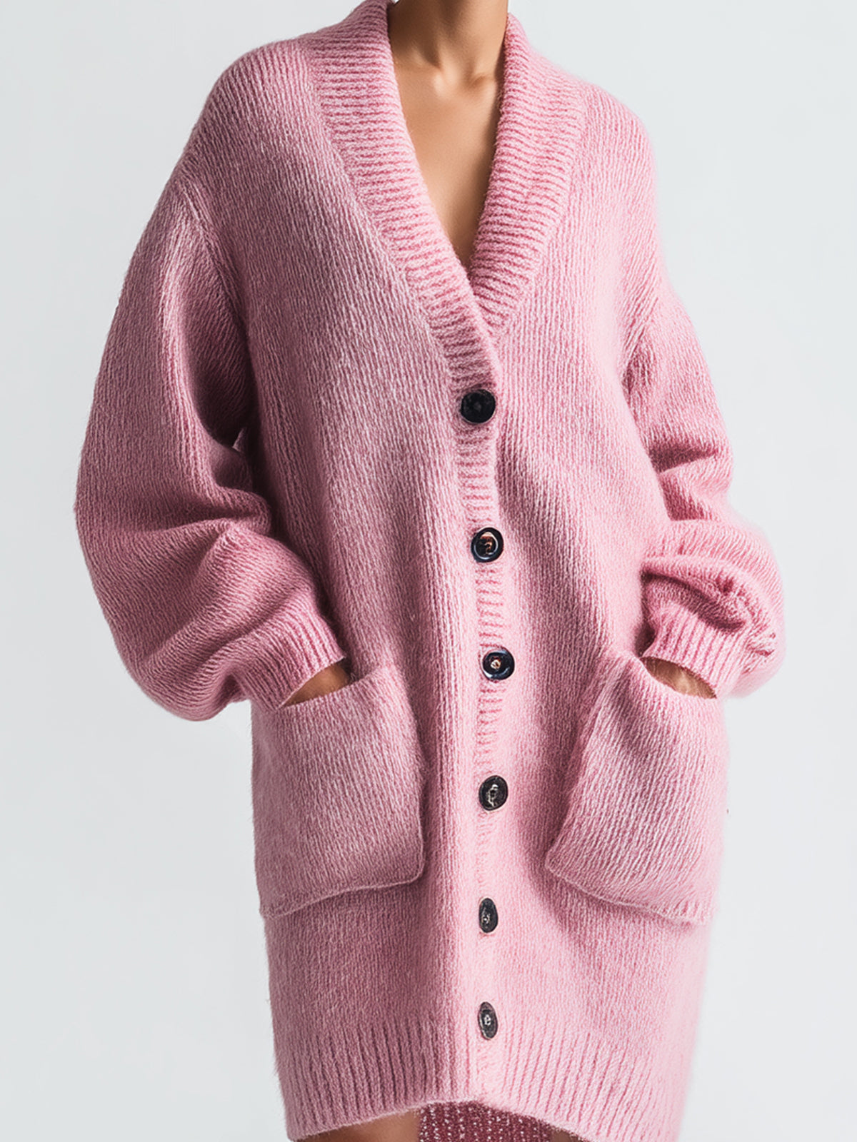 Taidalw Chic Vintage Pink V-Neck Single-Breasted Long Sleeve Patch Pocket Oversized Knit Mid-Length Cardigan