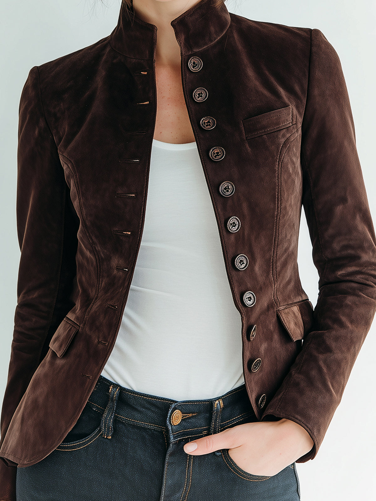 Taidalw Chic Vintage Dark Brown Faux Suede Stand-Collar Single-Breasted Slim-Fit Cropped Jacket