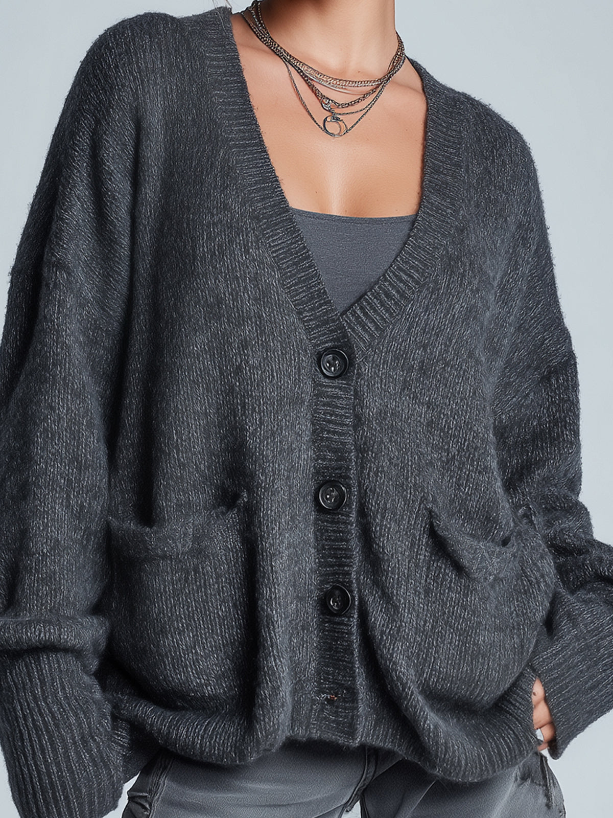 Taidalw Chic Vintage Dark Gray V-Neck Single-Breasted Patch Pocket Oversized Knit Cardigan