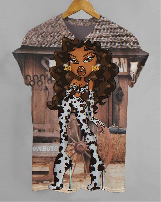 Cow Cowgirl Painting V-neck Short Sleeve Tshirt