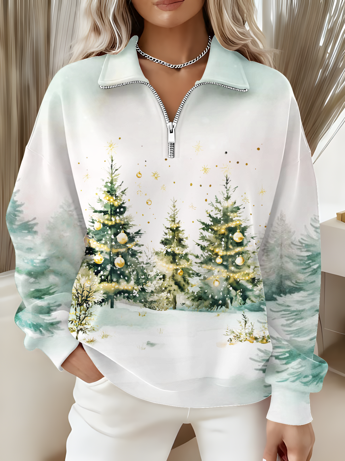 Women's Christmas Trees Long Sleeve Zipper Sweatshirt