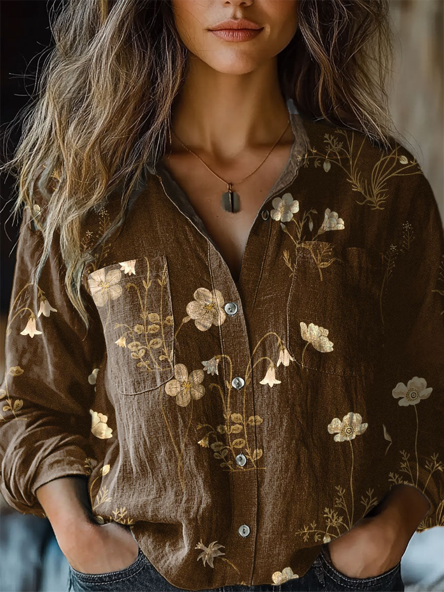 Women's Vintage Floral Print Casual Long Sleeve Comfortable Cotton Shirt