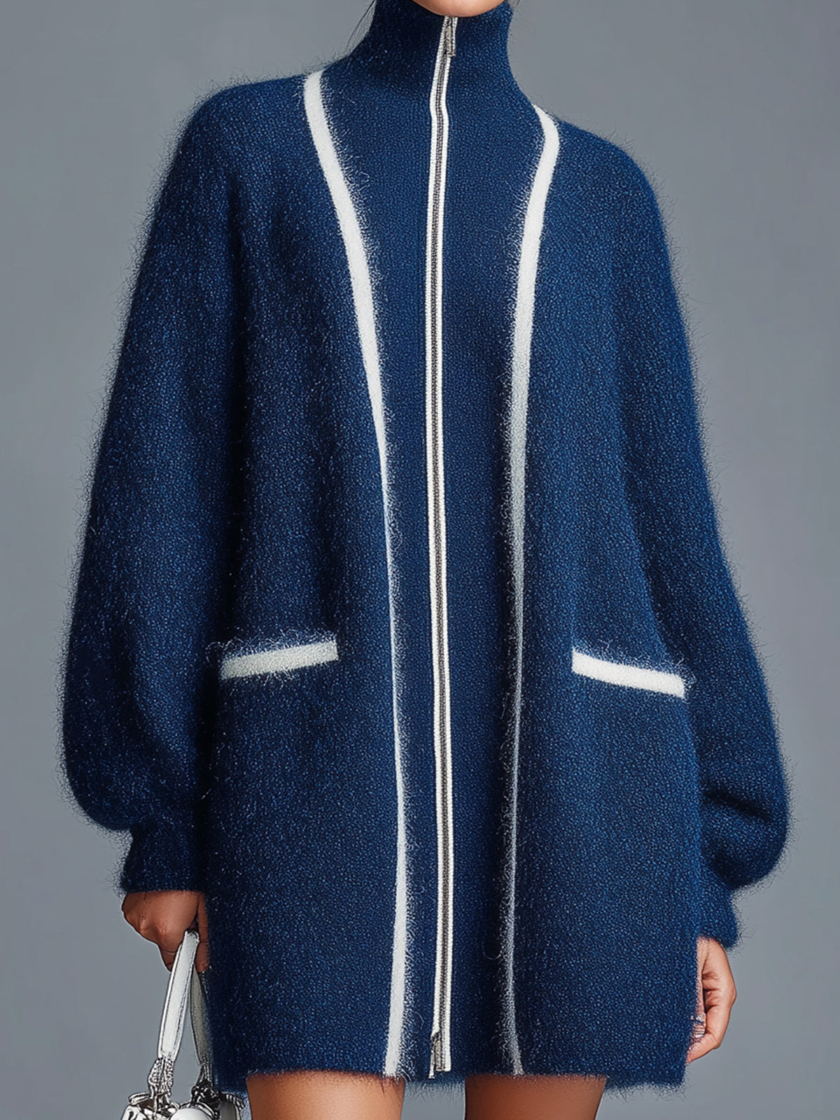 Taidalw Chic Vintage Navy Blue Stand Collar Zipper-Front Lantern Sleeve Contrast Trim Details Oversized Cardigan