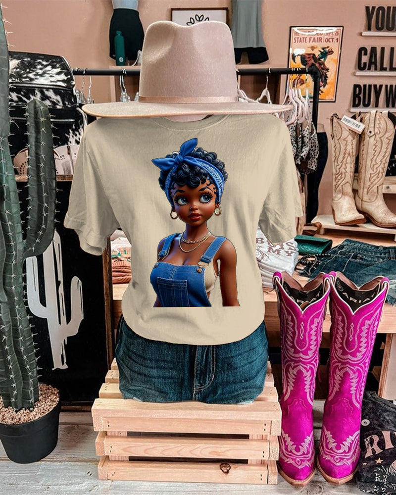 Denim Black Girl Crew Neck Short Sleeve Cotton T-shirt