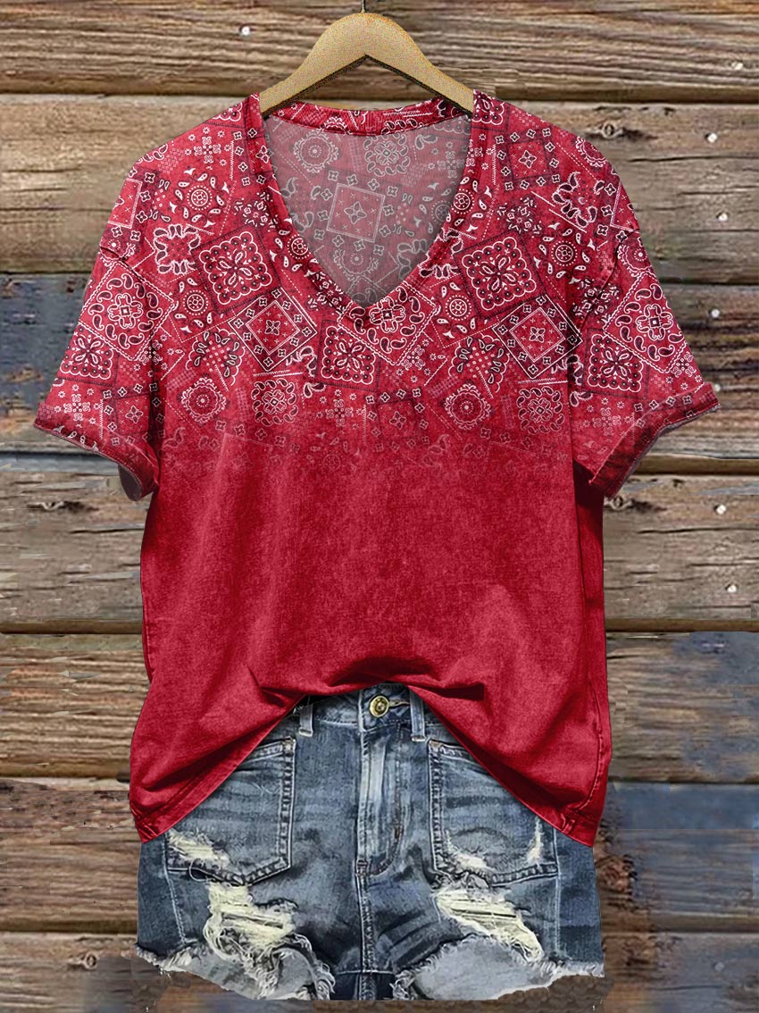 Women's Red Paisley V-neck Casual T-Shirt