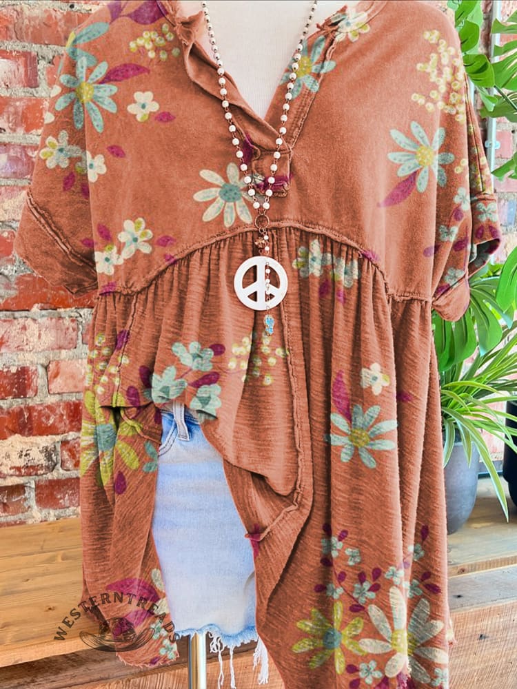 Women's Vintage Floral Print Folds V-neck T-shirt