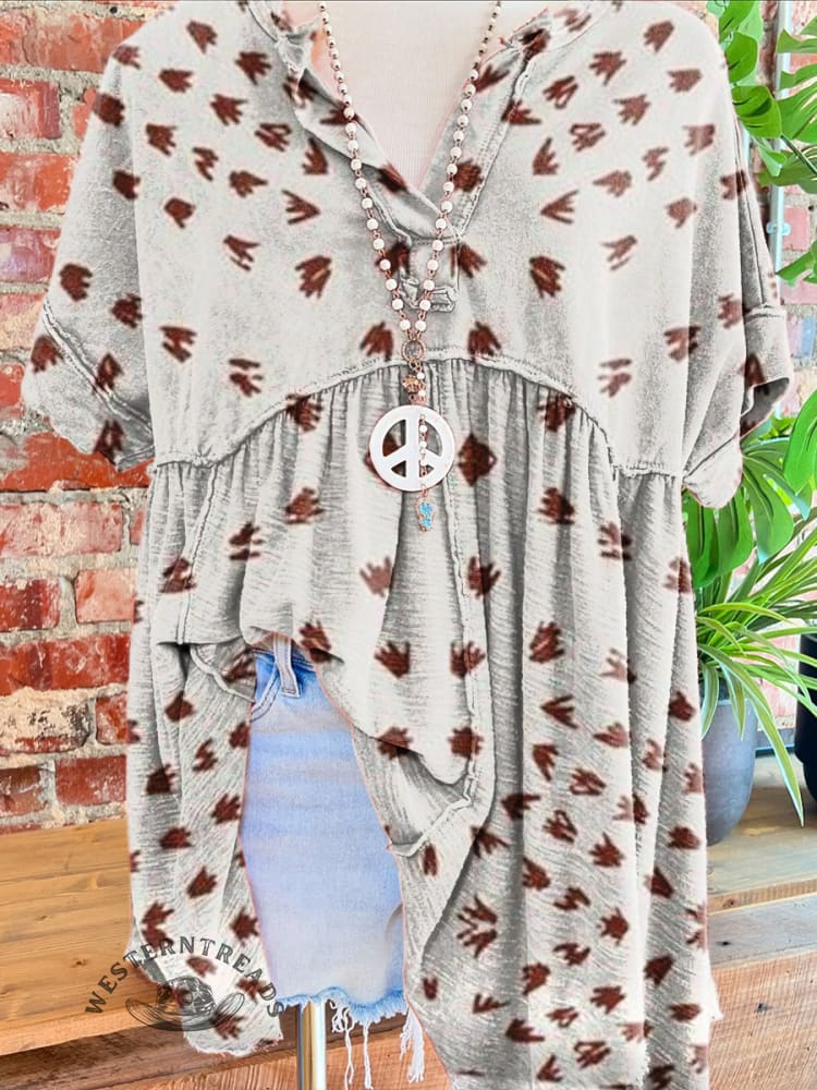 Women's Vintage Floral Print Folds V-neck T-shirt