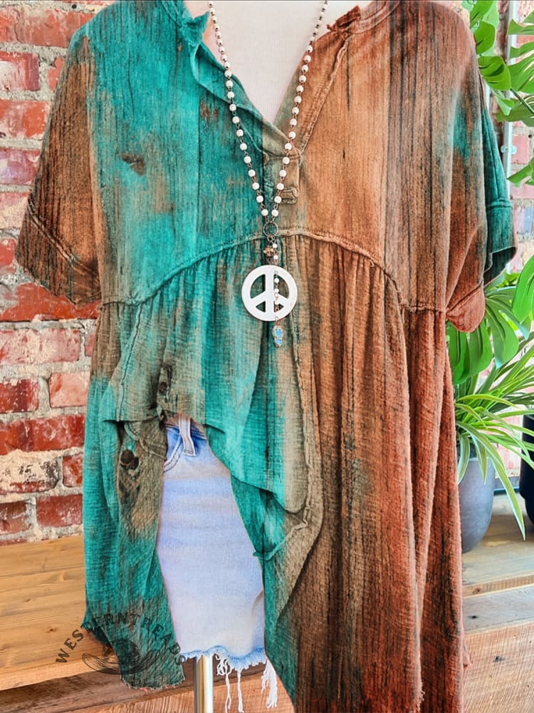 Women's Vintage Floral Print Folds V-neck T-shirt