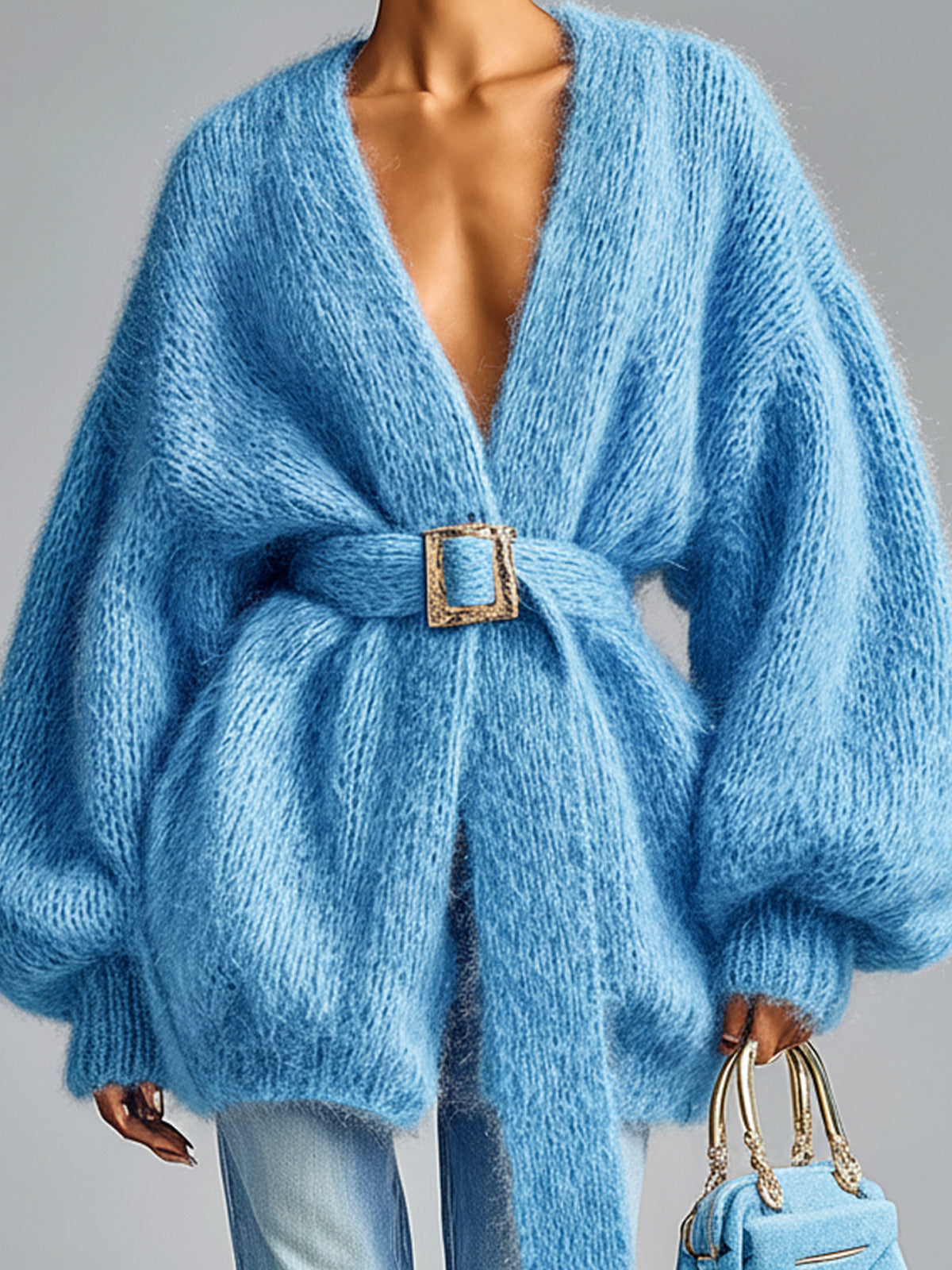 Taidalw Chic Vintage Lavender V-Neck Belted Lantern Sleeve Oversized Knit Mid-Length Cardigan