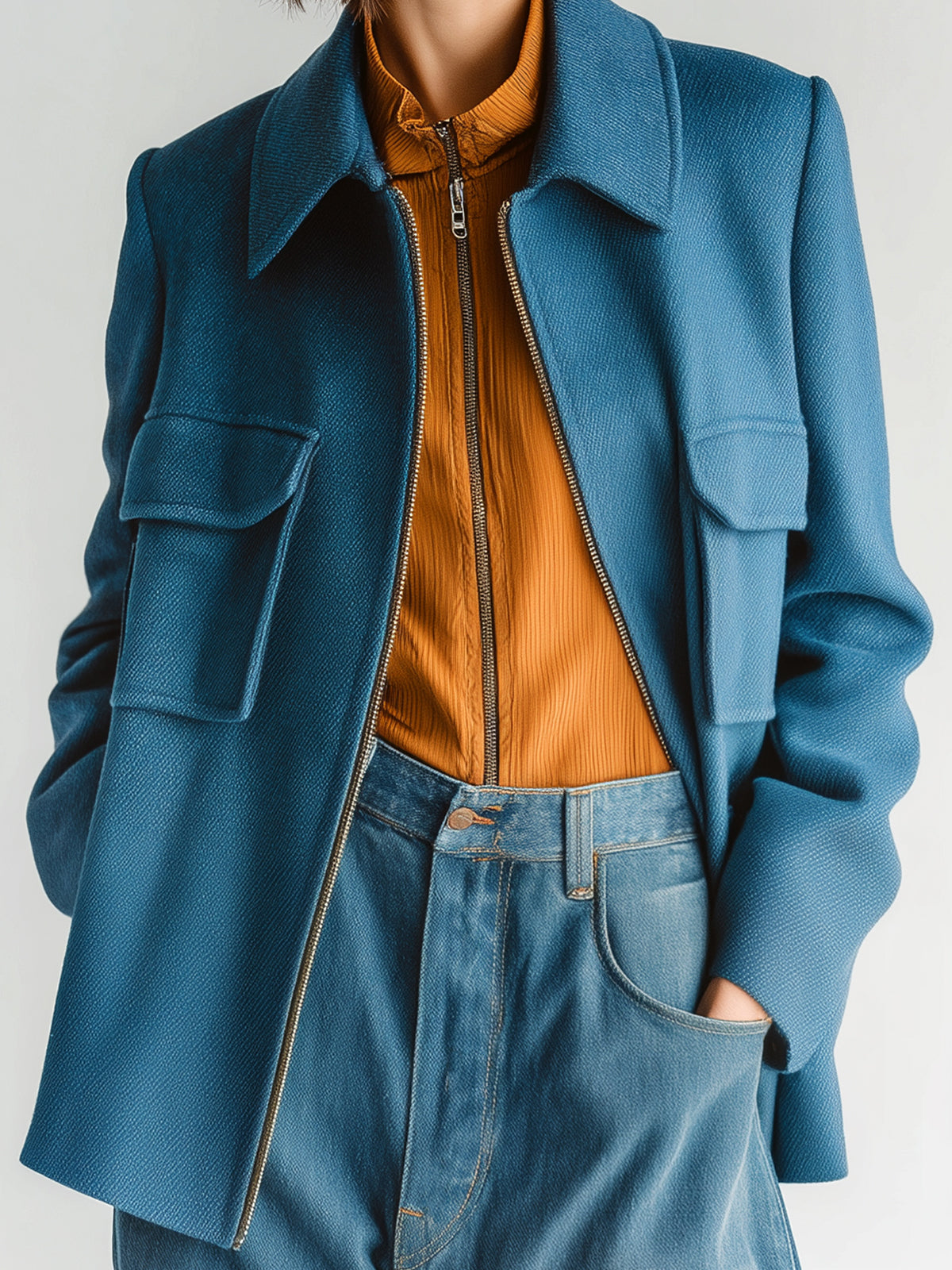 Taidalw Chic Vintage Dark Blue Twill Wool Blend Lapel Zipper-Front Flap Pocket Jacket