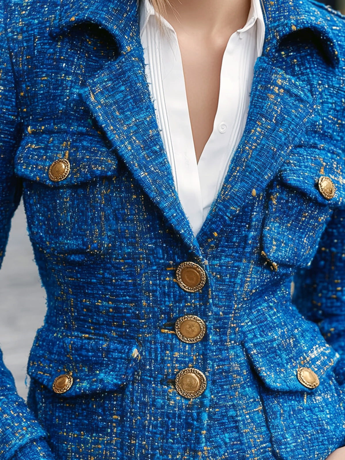 Taidalw Chic Vintage Tweed Lapel Single-breasted Multi-Pocket Tailored Waist Mini Blazer