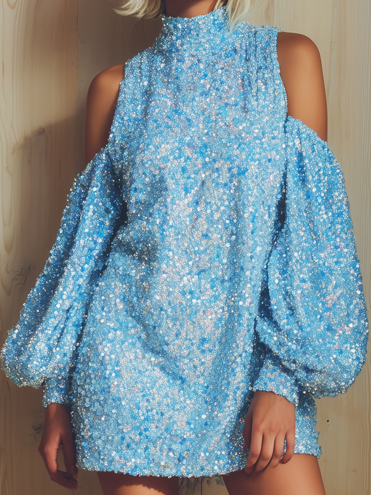 Taidalw Chic Vintage Blue Sequins Stand Collar Cutout Long Lantern Sleeve Oversized A-Line Mini Dress