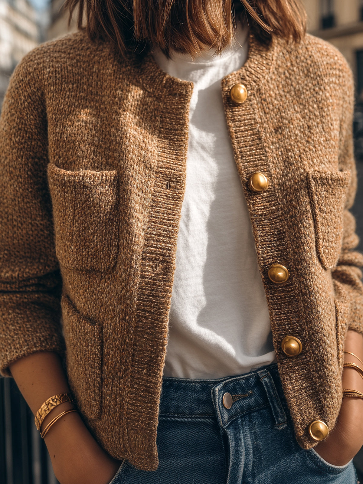 Taidalw Casual Chic Camel Crew Neck Gold Button Multi-Pocket Cropped Knit Cardigan