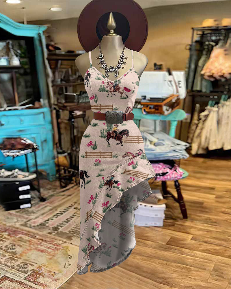 Cowgirl Print Irregular Ruffle Hem Slim Cami Dress