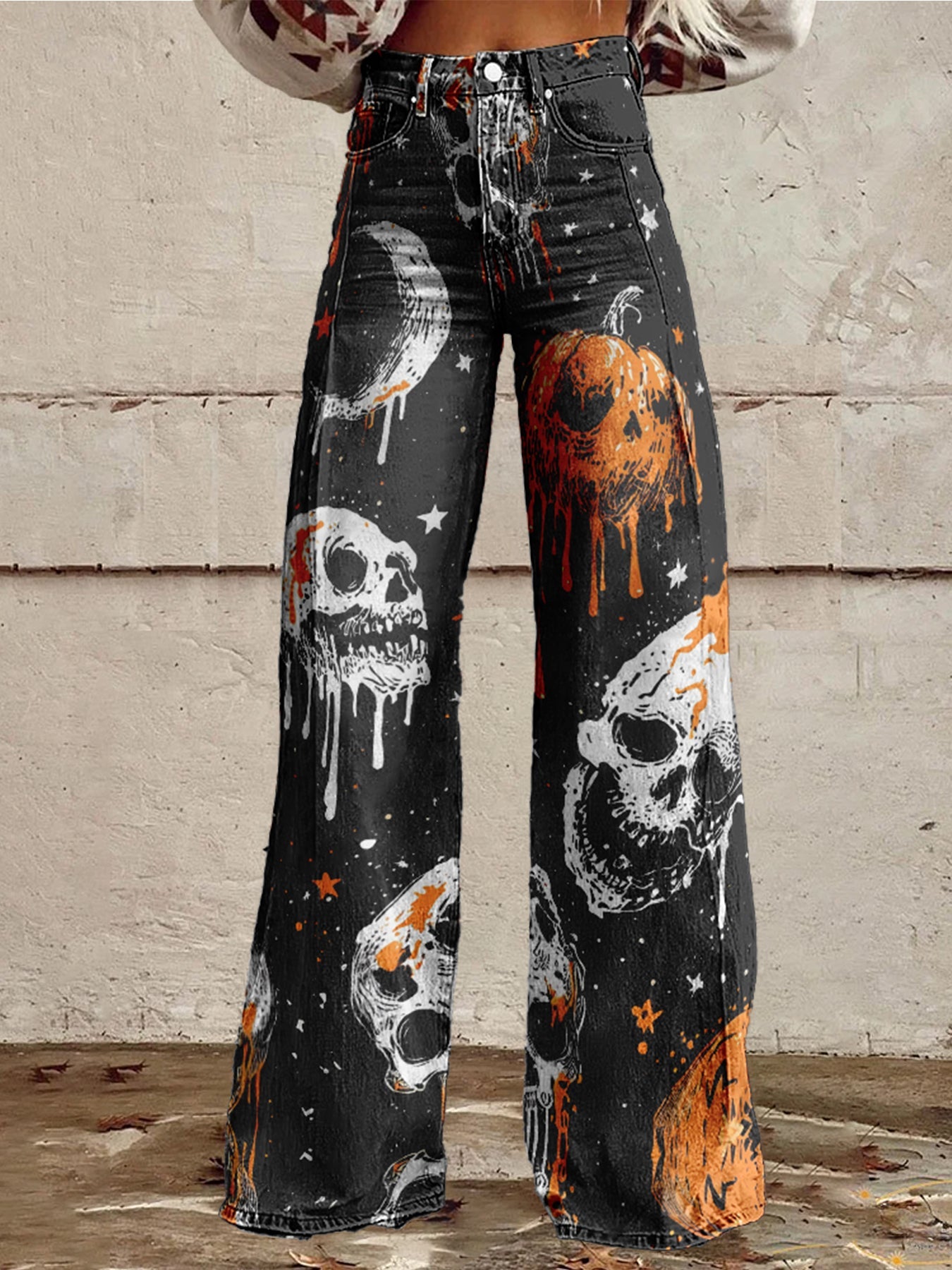 Women's Hallloween Skull Cotton Flared Jeans Pants
