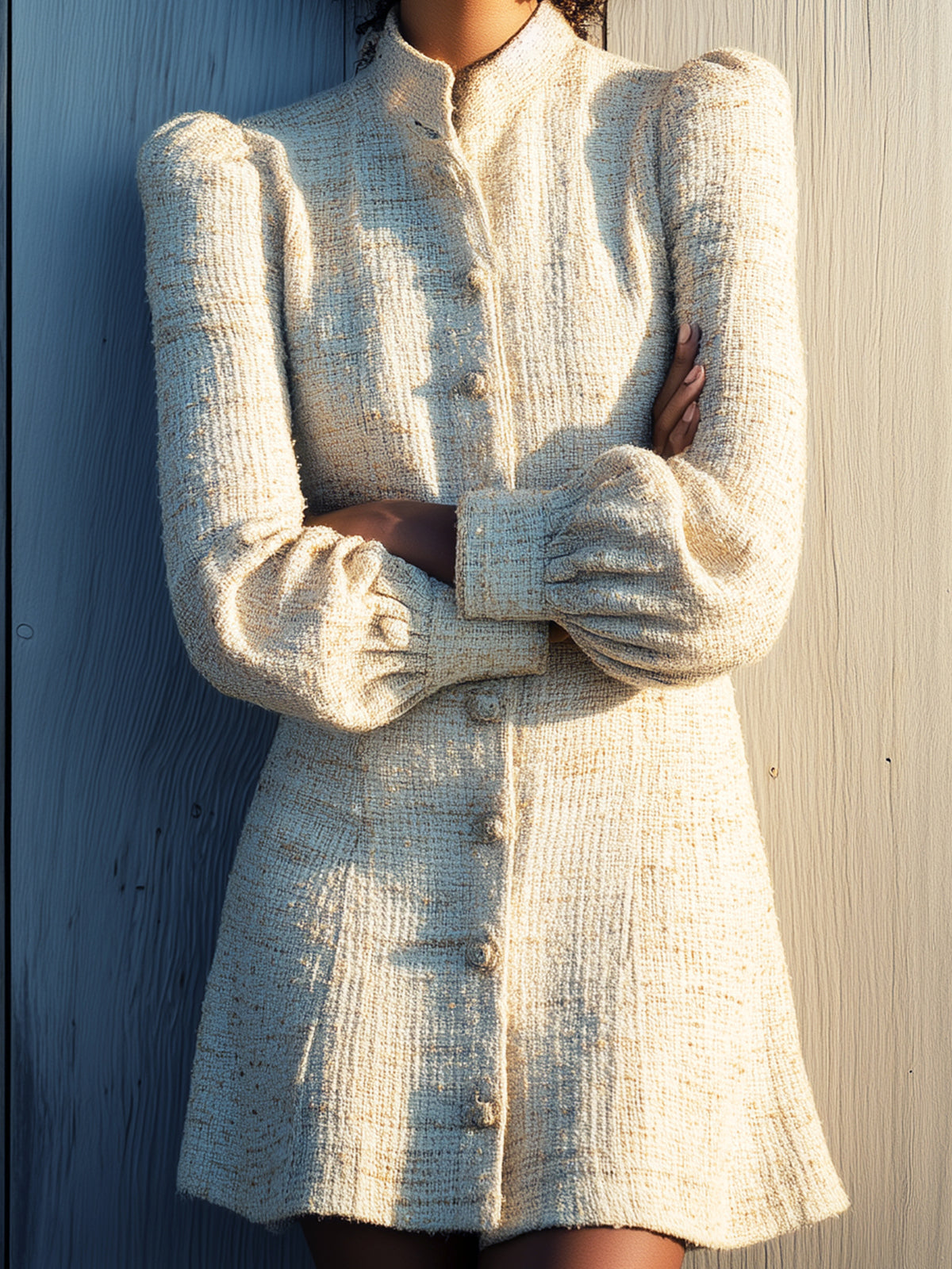 Taidalw Chic Vintage Cream White Tweed Stand Collar Puff Sleeve Single-Breasted Fitted Mini Dress