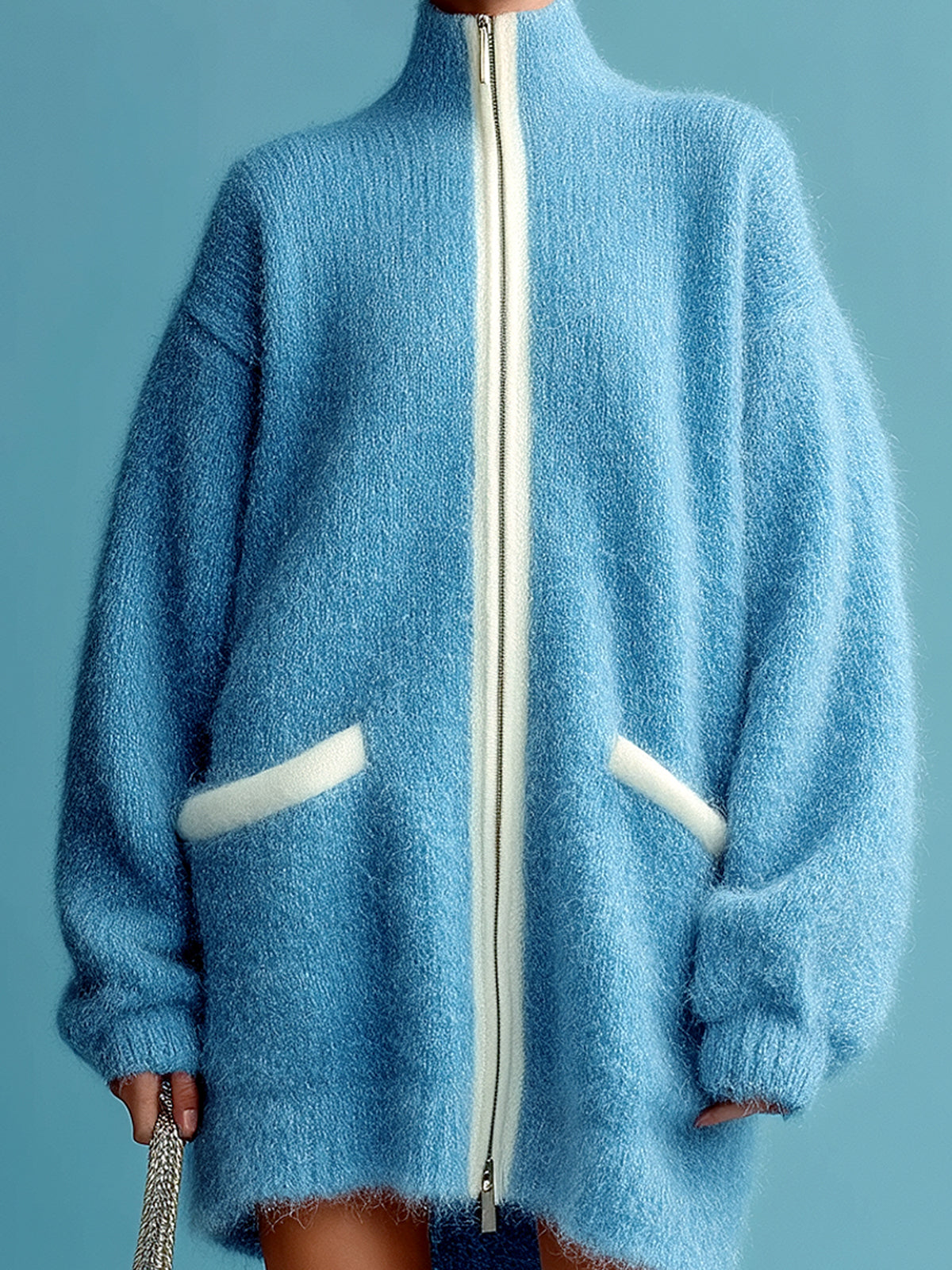 Taidalw Casual Chic Blue Stand Collar Zipper-Front Contrast Trim Oversized Long Sleeve Knit Cardigan