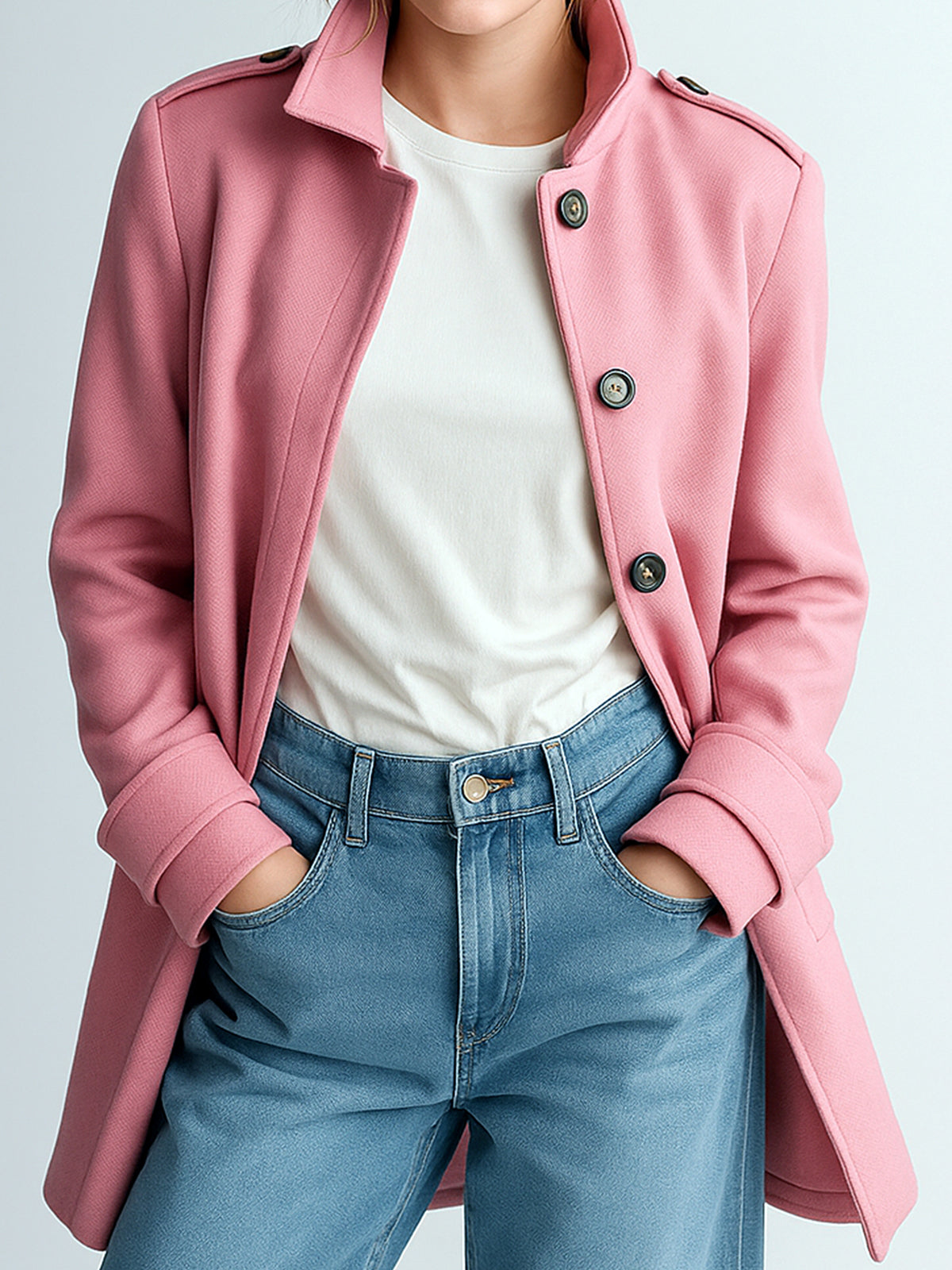 Taidalw Chic Vintage Pink Wool Blend Lapel Epaulettes Single-Breasted Fitted Mid-Length Coat