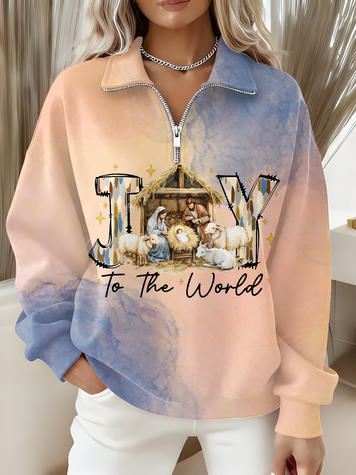 Women's Joy To The World Coquette Jesus Christmas Long Sleeve Zipper Sweatshirt