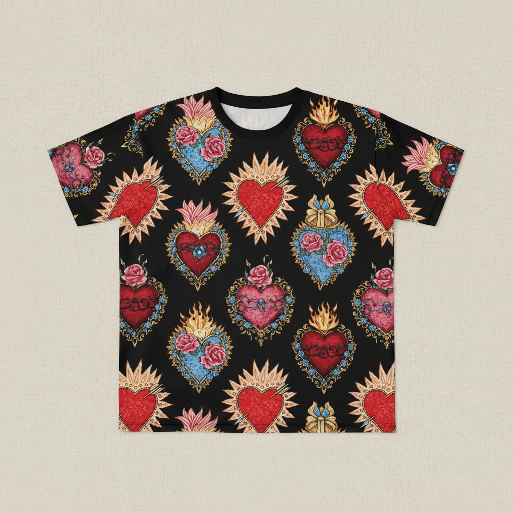 Sacred Hearts All-Over Print T-Shirt - Vintage Religious Art Design