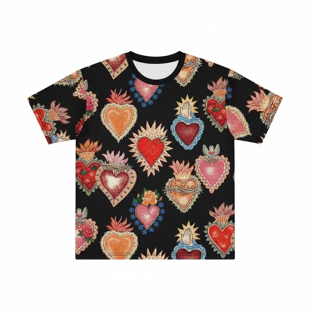 Vintage Sacred Hearts All-Over Print T-Shirt - Religious Art Design
