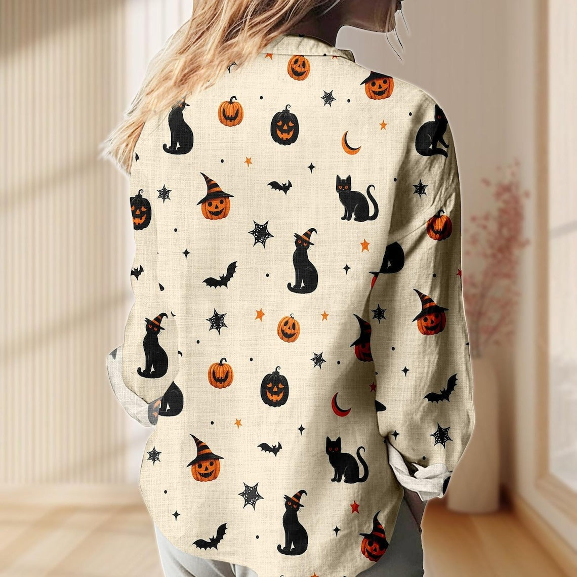 Women's Halloween Black Cat Pumpkin Print Casual Shirt