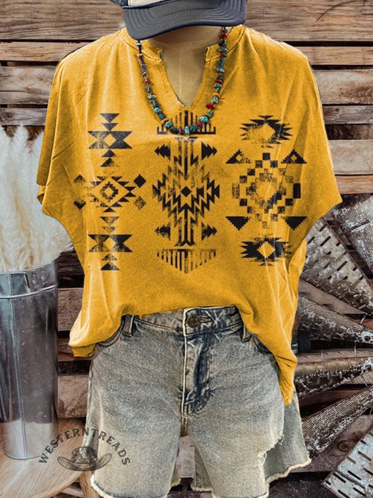 Women's V-neck Casual Vintage Aztec Print T-Shirt
