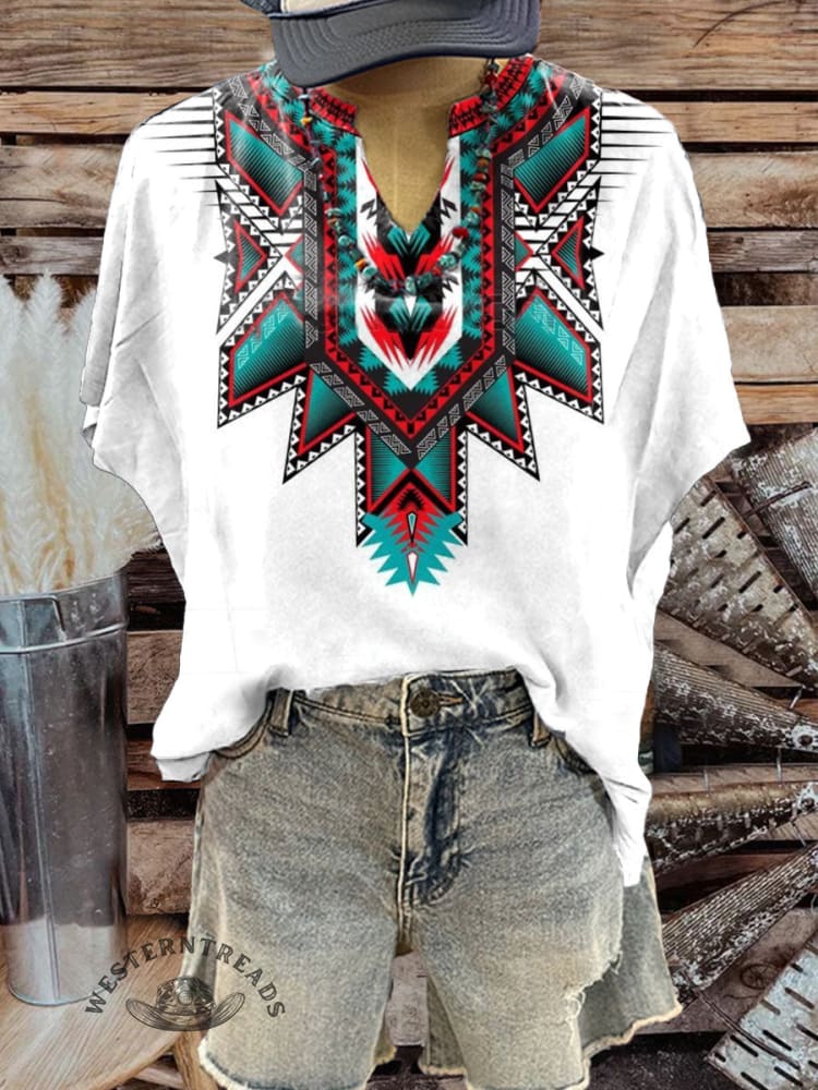 Women's V-neck Casual Vintage Aztec Print T-Shirt