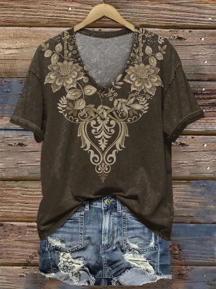 Women's V-neck Vintage Floral Print Casual T-Shirt