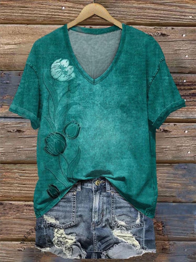Women's V-neck Turquoise Vintage Floral Print Casual T-Shirt