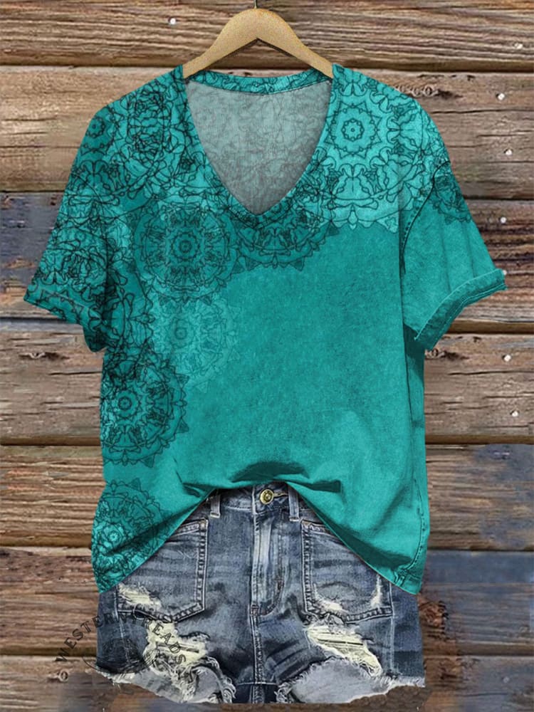 Women's V-neck Turquoise Vintage Floral Print Casual T-Shirt