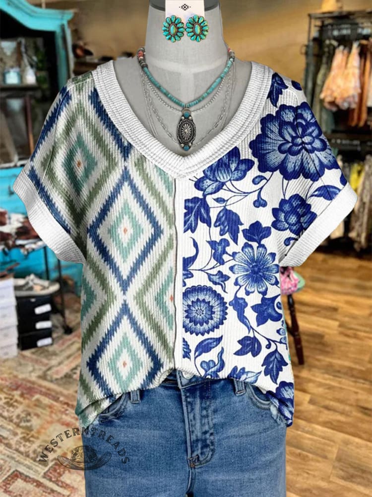 Women's V-neck Aztec and Floral Patchwork Print Casual T-Shirt