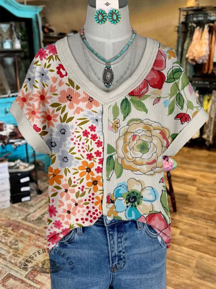 Women's V-neck Floral Patchwork Print Casual T-Shirt