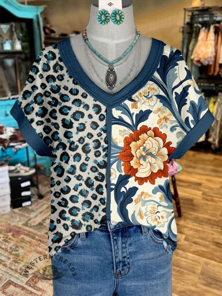Women's V-neck Leopard and Floral Patchwork Print Casual T-Shirt