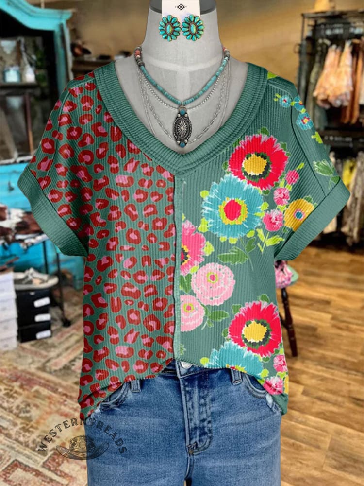 Women's V-neck Leopard and Floral Patchwork Print Casual T-Shirt
