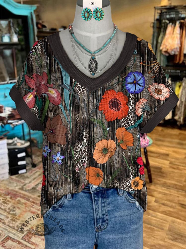 Women's V-neck Vintage Floral Patchwork Print Casual T-Shirt
