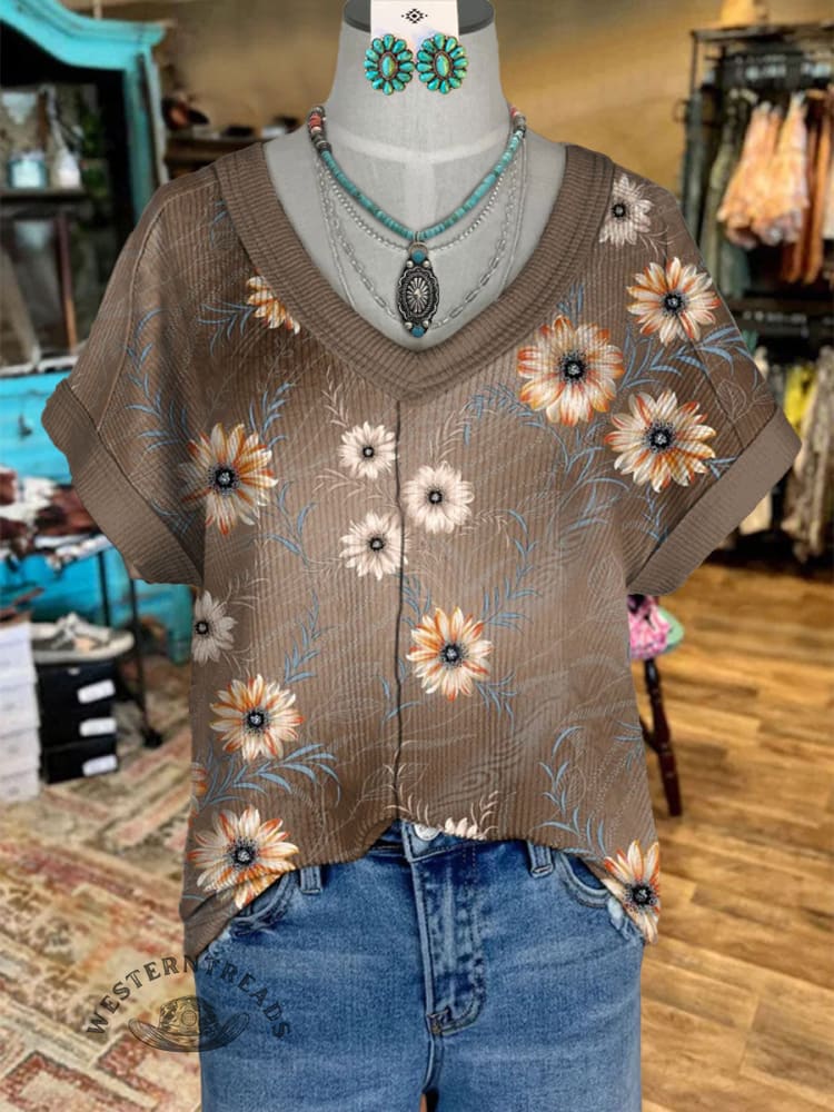 Women's V-neck Vintage Floral Patchwork Print Casual T-Shirt