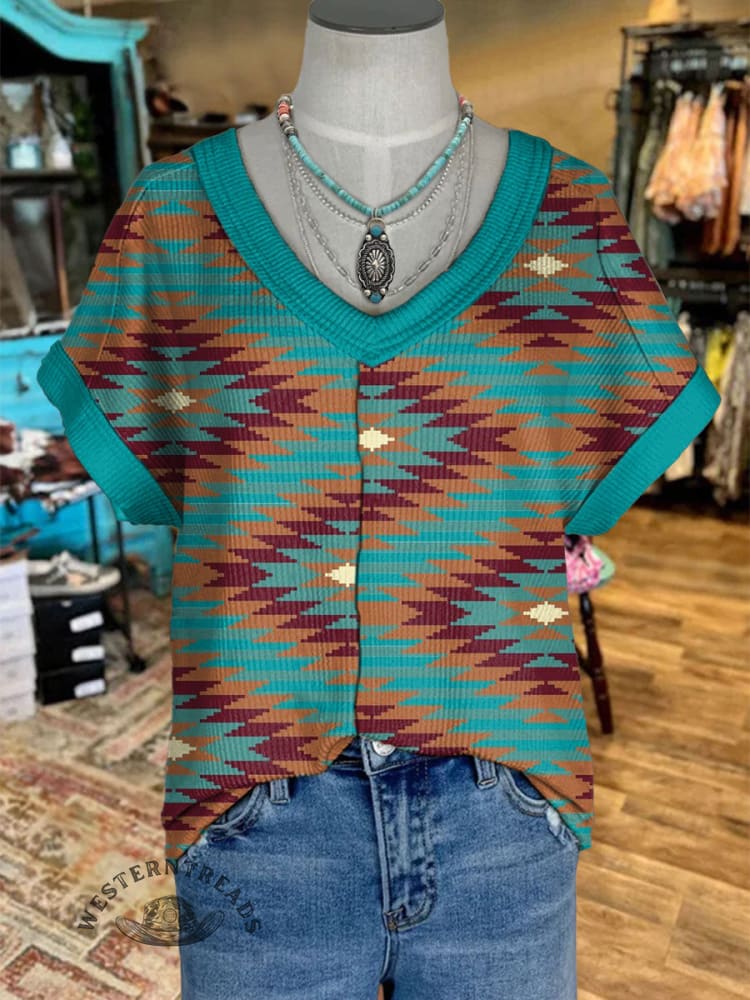 Women's V-neck Aztec Print Casual T-Shirt