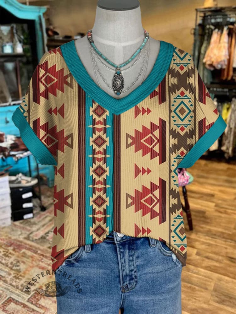 Women's V-neck Aztec Print Casual T-Shirt