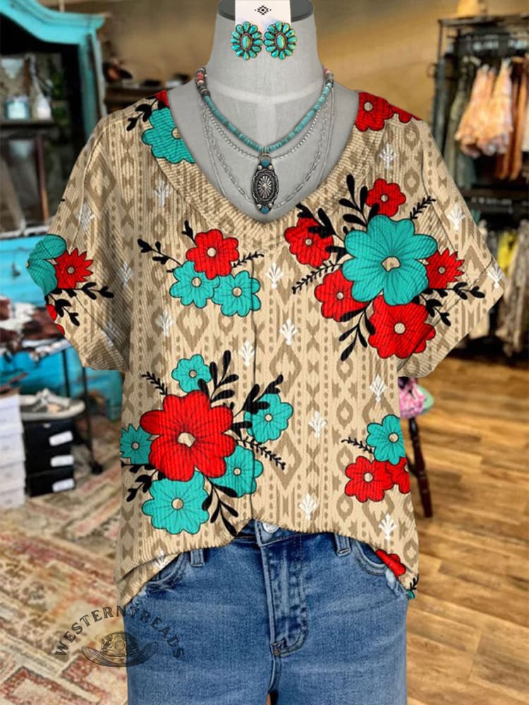 Women's V-neck Aztec and Floral Patchwork Print Casual T-Shirt
